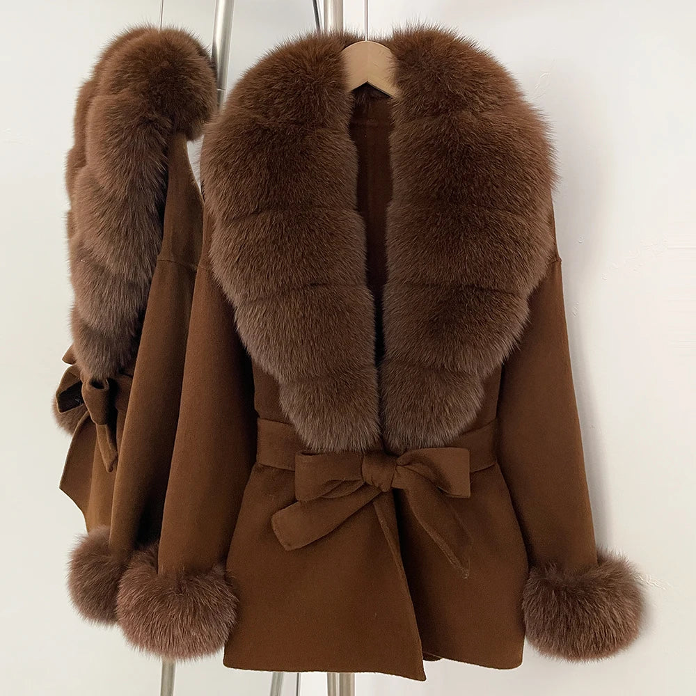 OFTBUY New Women's Double-Faced Wool Coat with Large Real Fox Fur Belted Warm Jacket Winter Elegant Fashion Outerwear Female