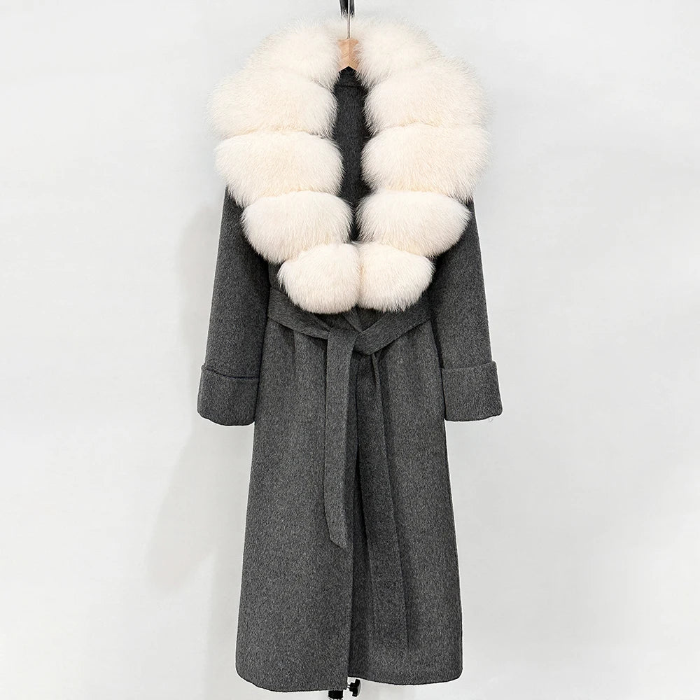 OFTBUY Long Belt 100% Wool Coat with Real Fox Fur Collar Warm Natural Fur Woolen Jacket Female New Autumn Winter Clothing Women
