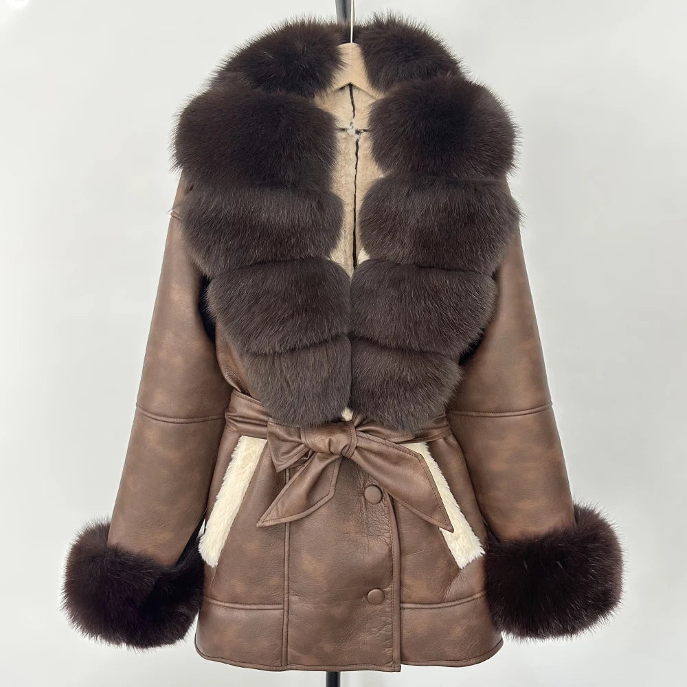 OFTBUY Large Natural Fox Fur Women Faux Leather Jacket Autumn Winter Fashion Ladies Warm Retor Faux Lamb Fur Coat Outwear