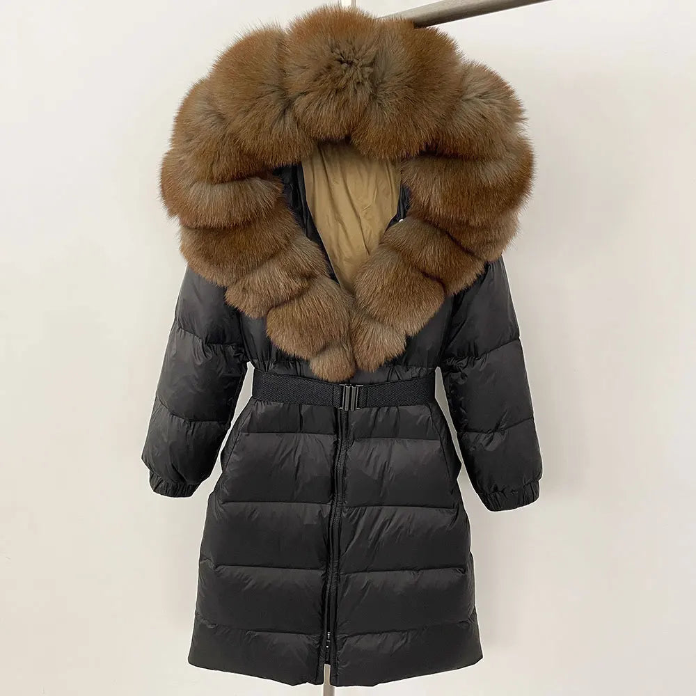 OFTBUY New Natural Thick Warm Duck Down Coat Female Long Winter Jacket Women Real Big Fox Fur Collar Belt Loose Puffer Parka