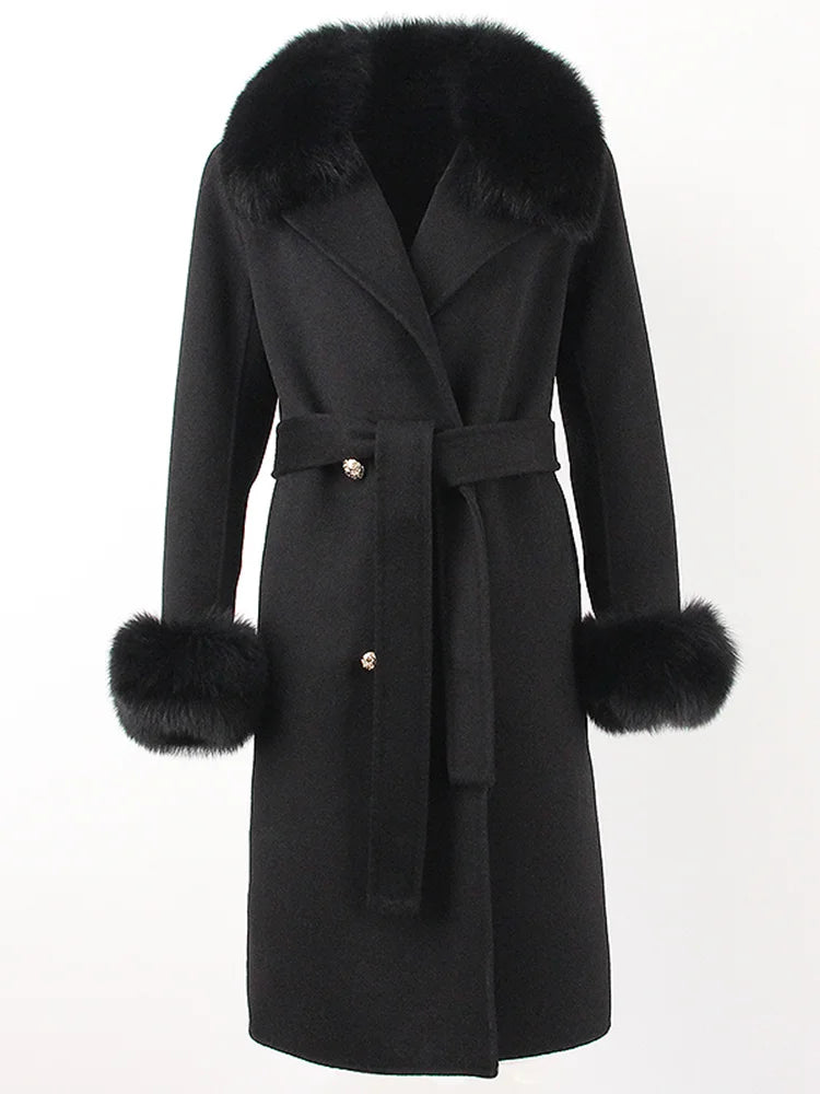 OFTBUY Winter Jacket Women Long Natural Wool Blends Cashmere Real Fur Coat Double Breasted Belt Warm Streetwear New Fashion