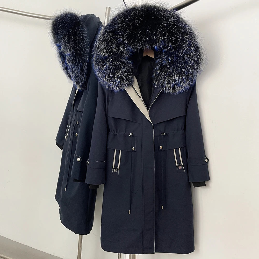 OFTBUY Long Hooded Real Fox Fur Collar Coat Women Waterproof Windproof Natural Rabbit Fur Inner Jacket New Thickened Warm Parker
