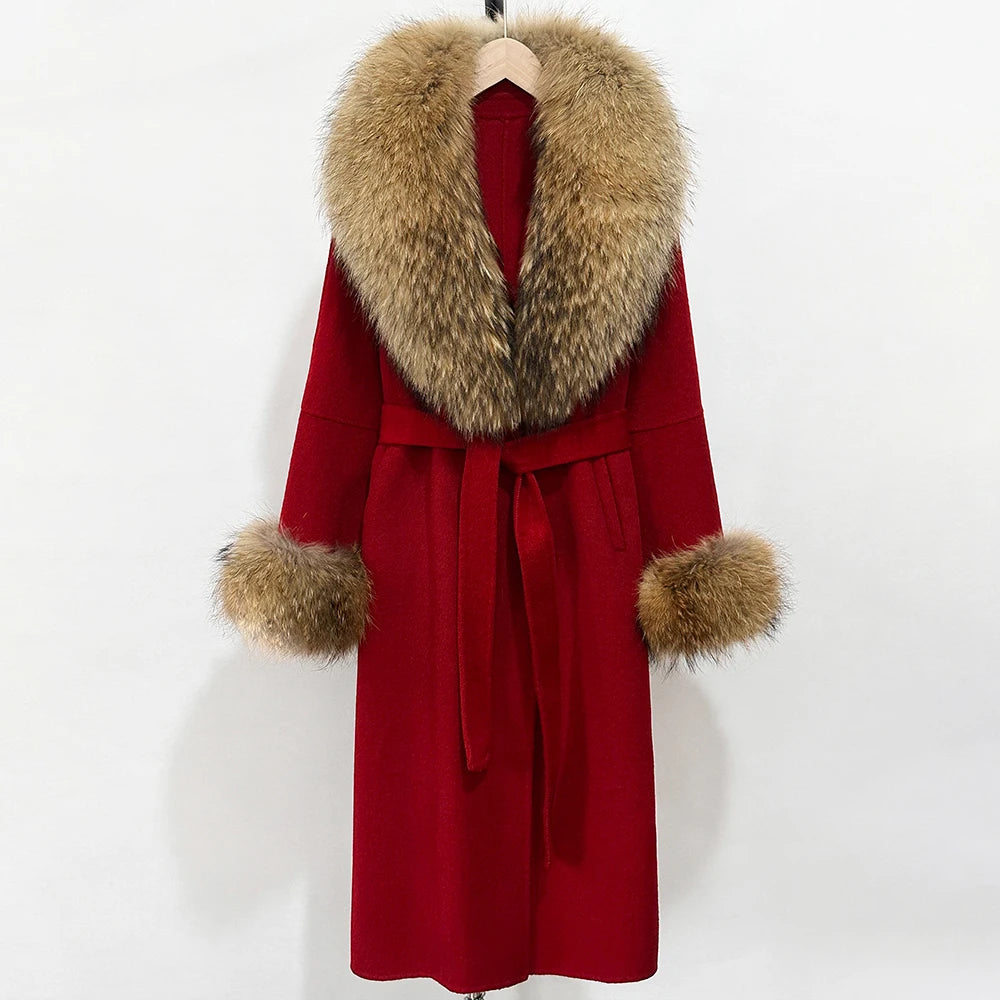 OFTBUY New Women's Double-Faced Wool Coat with Large Real Fox Fur Belted Warm Winter Luxury Fashion Outerwear Woolen Jacket Lady