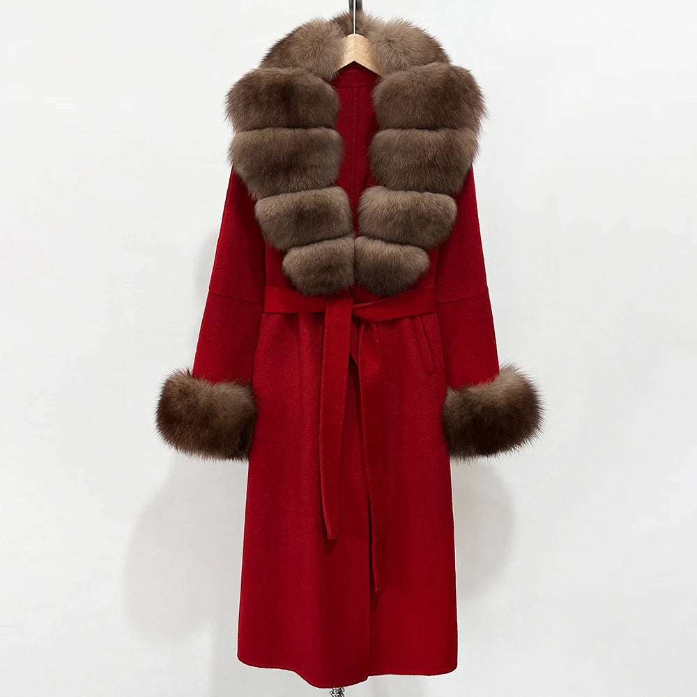 OFTBUY New Women's Double-Faced Wool Coat with Large Real Fox Fur Belted Warm Winter Luxury Fashion Outerwear Woolen Jacket Lady