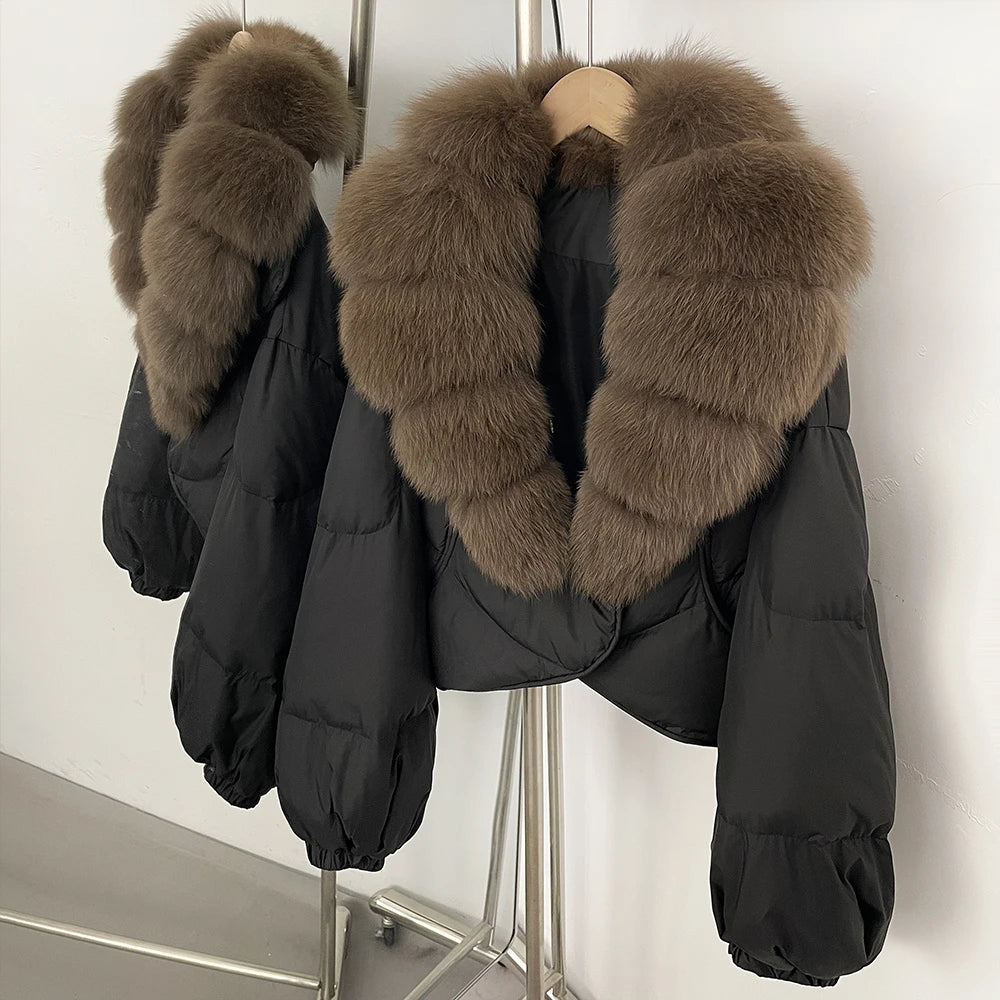 OFTBUY New Winter Real Fox Fur Short Puffer Jackets Women Natural Thick Warm 90% White Duck Down Cropped Loose Waterproof Coat
