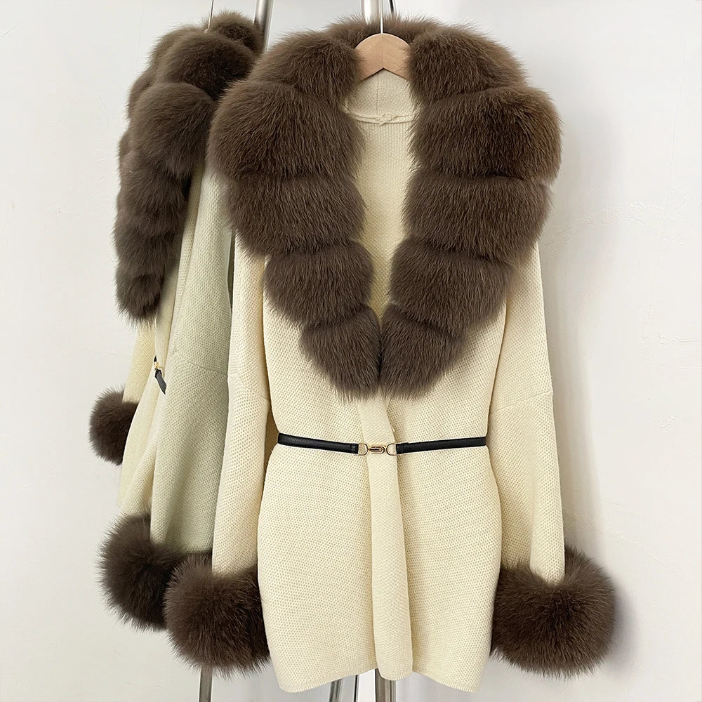 OFTBUY Belt Knit Warm Winter Luxury Casual Fashion Outerwear Sweater Female New Women's Knit Coat with Large Real Fox Fur Collar