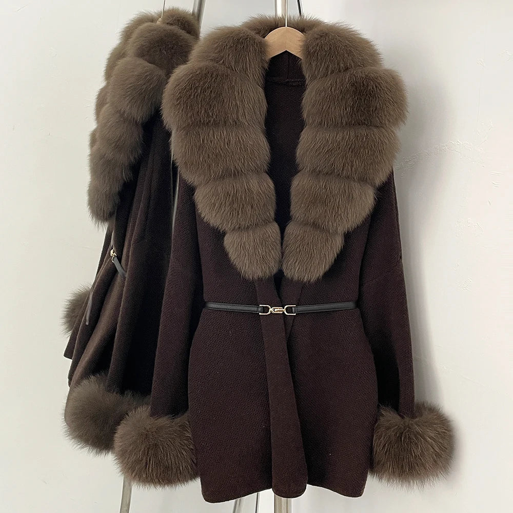 OFTBUY Belt Knit Warm Winter Luxury Casual Fashion Outerwear Sweater Female New Women's Knit Coat with Large Real Fox Fur Collar