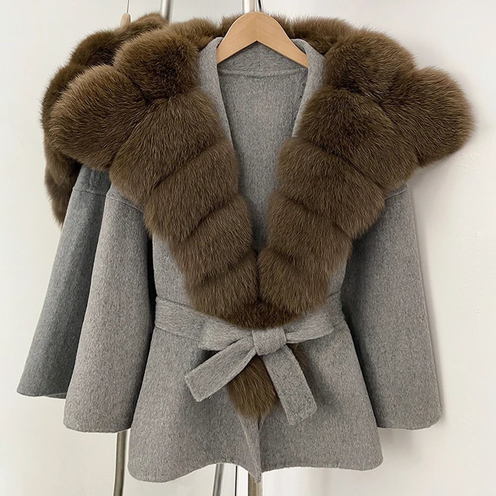 OFTBUY Belt Real Fox Fur Wool Coat Female New Autumn Winter Warm Clothes Women Natural Fox Fur Collar Cashmere Woolen Jacket