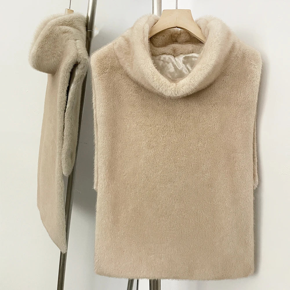 OFTBUY New Women's Faux Fur Sleeveless Gilet with Turtleneck Collar Soft Warm Beige Outerwear Winter Clothes Women Fashion Coats