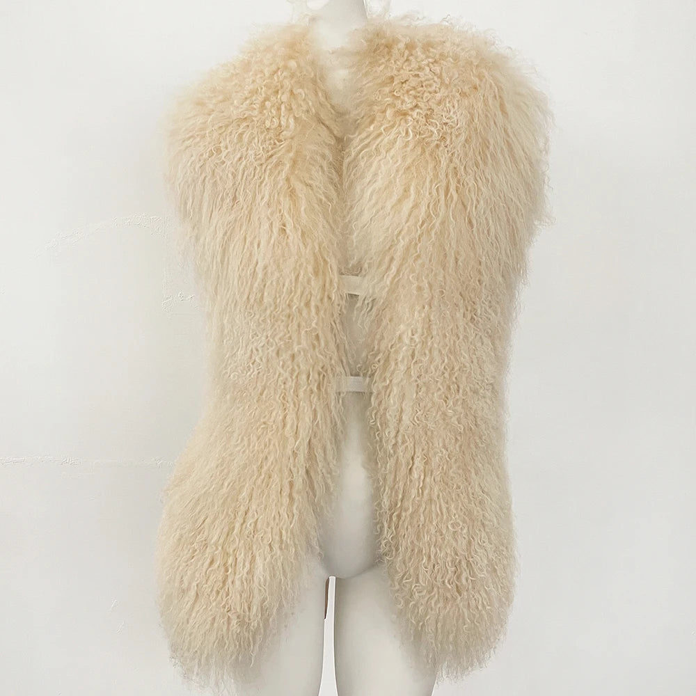 OFTBUY Solid Deep V-Neck Backless Bandage Sleeveless Jackets Fluffy Luxury Real Mongolian Fur Halter Vests Women Outerwear Coat