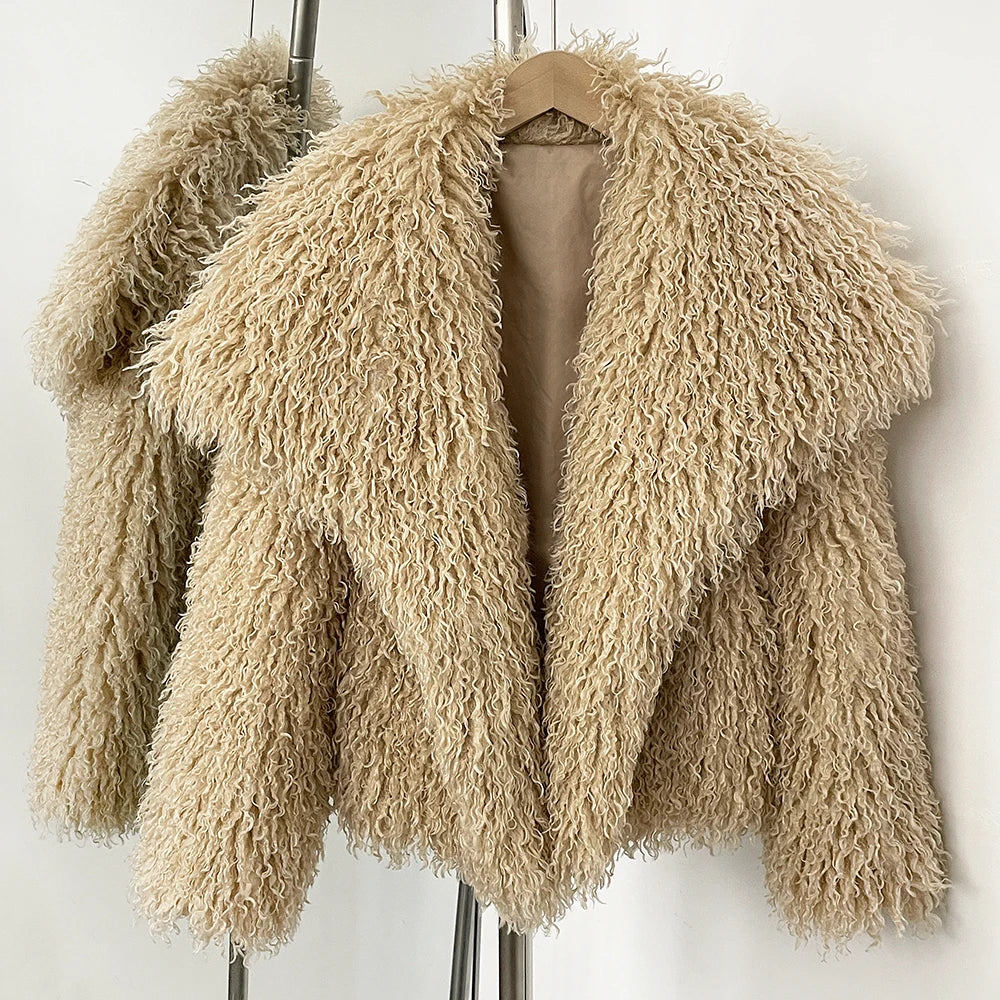 OFTBUY New Autumn Winter Clothes Women Fashion Big Collar Artificial Mongolia Sheep Fur Jacket Luxury Faux Fur Coat Fake Fur Overcoat