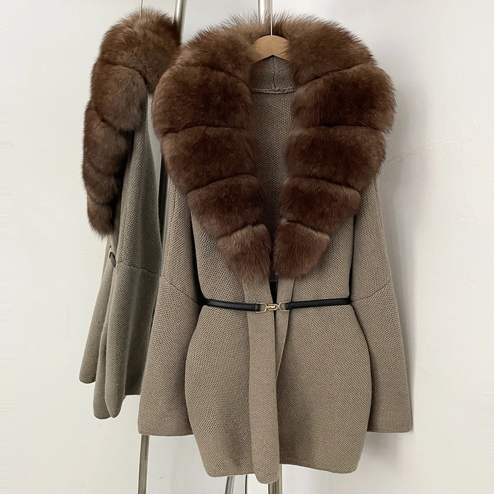 OFTBUY New Autumn Winter Luxury Fashion Outerwear Lady Women's Knit Coat with Large Real Fox Fur Collar Belt Textured Knit Warm