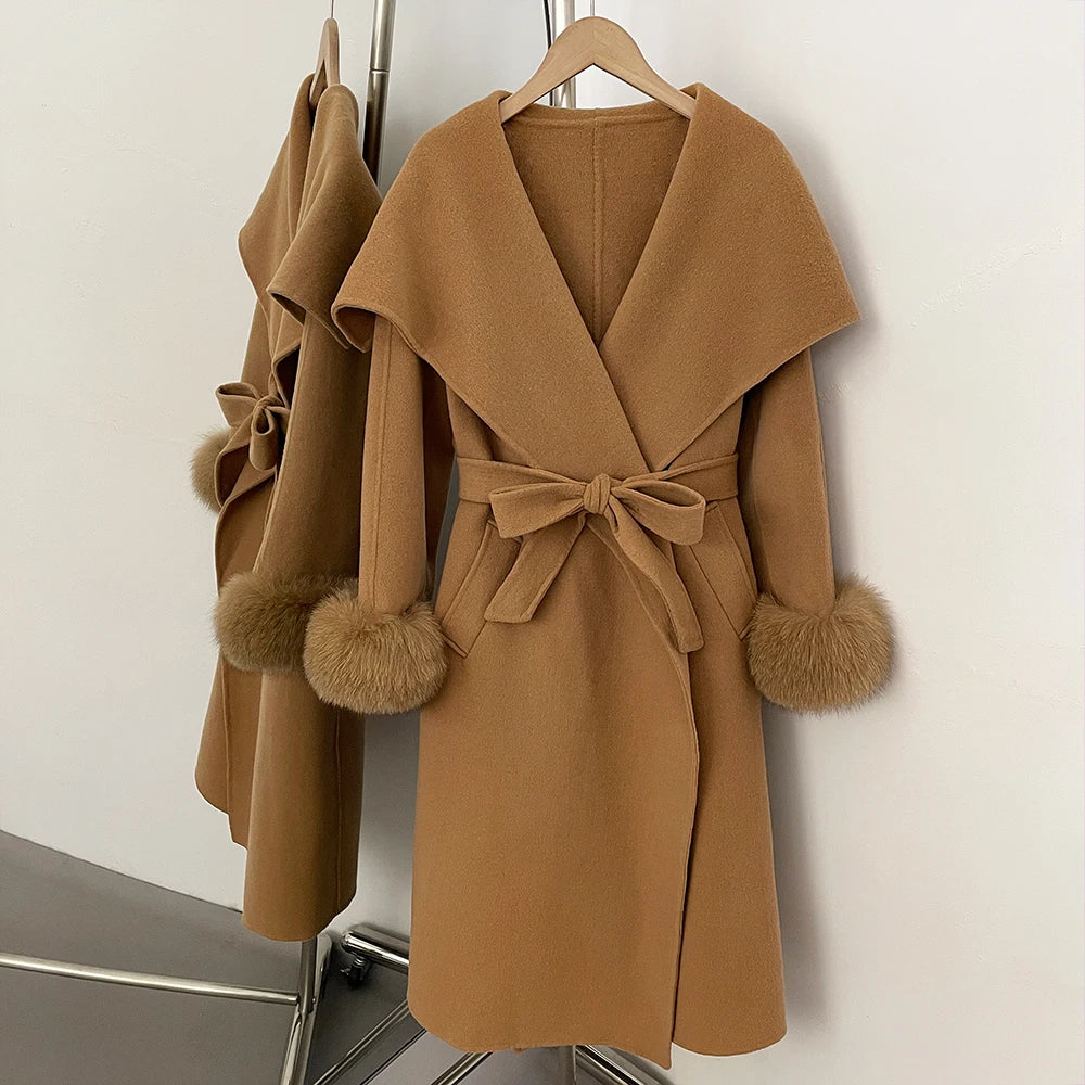 OFTBUY  Luxury Warm Woolen Jacket Women Long Big Collar 100% Wool Coat with Real Fox Fur Cuffs New Autumn Winter Clothes Femlae