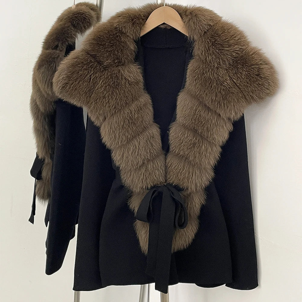 OFTBUY New Women's Knit Cardigan with Oversized Real Fox Fur Collar Belt Luxury Warm Winter Outerwear Sweater Jacket Female