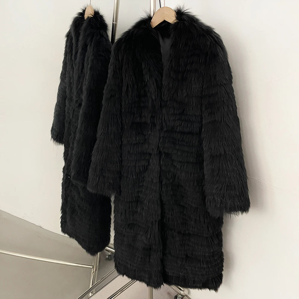 OFTBUY Women's Luxury Black Real Fox Fur Mid-Length Coat Natural Fur Jacket Female New Thick Warm Winter Outerwear for Cold Weather