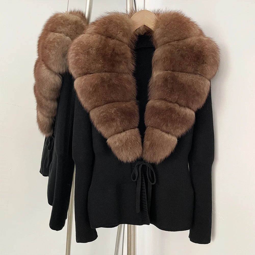 OFTBUY Luxury 100% Cotton Jacket with Real Fox Fur Collar New Autumn Winter Knit Cardigan Women Slim Warm Sweater Outerwear Lady