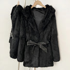 OFTBUY Women's Luxury Black Real Rabbit Fur Hooded Coat with Belt New Warm Winter Fur Jacket Female Outerwear for Cold Weather