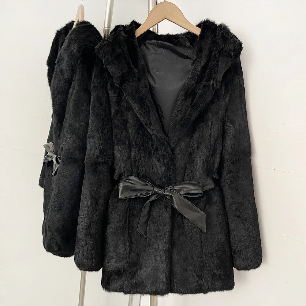 OFTBUY Women's Luxury Black Real Rabbit Fur Hooded Coat with Belt New Warm Winter Fur Jacket Female Outerwear for Cold Weather