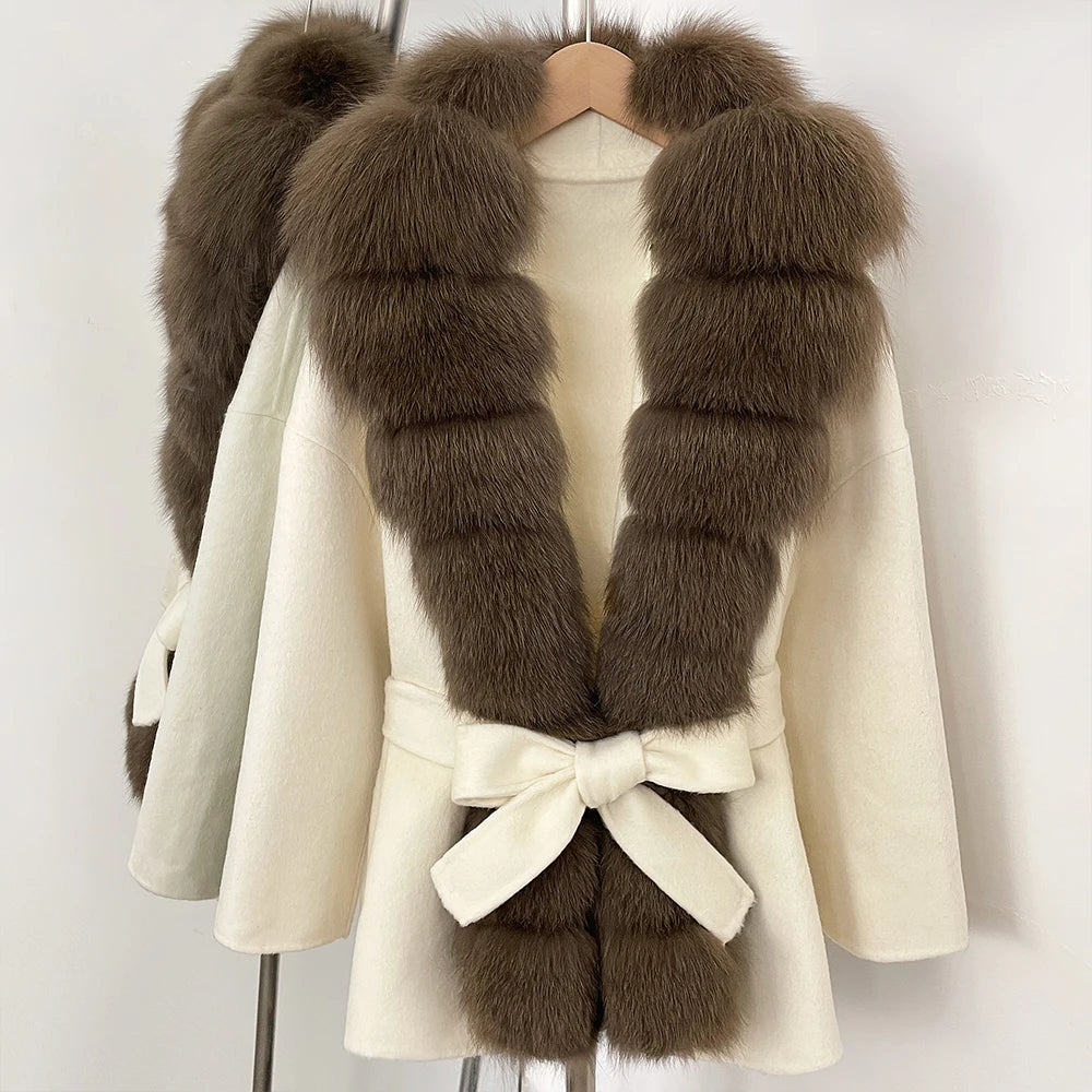 OFTBUY New Autumn Winter Clothes Women Big Natural Fox Fur Pinnacle 100% Wool Coat Female Belt Real Fur Collar Woolen Jacket