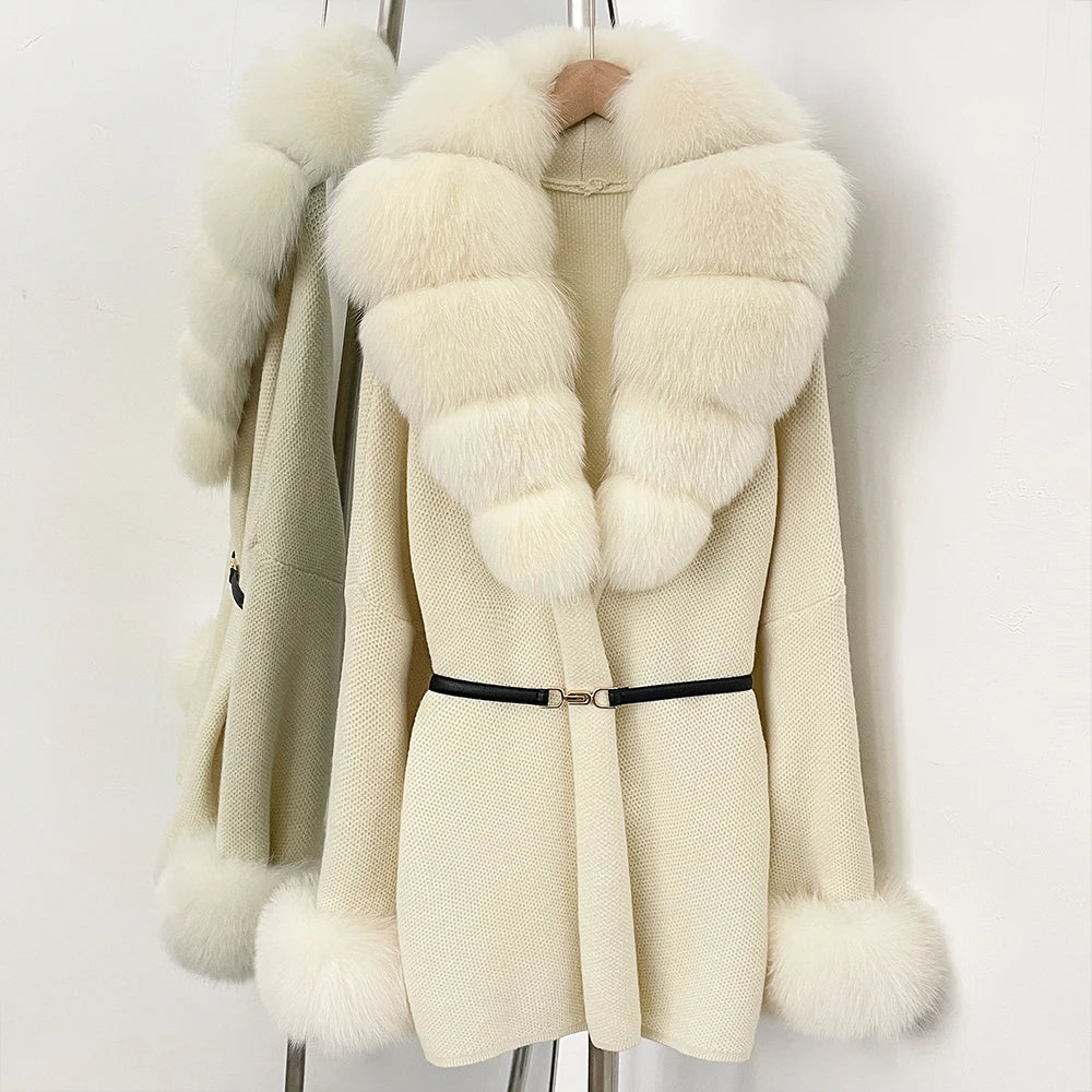 OFTBUY Belt Knit Warm Winter Luxury Casual Fashion Outerwear Sweater Female New Women's Knit Coat with Large Real Fox Fur Collar