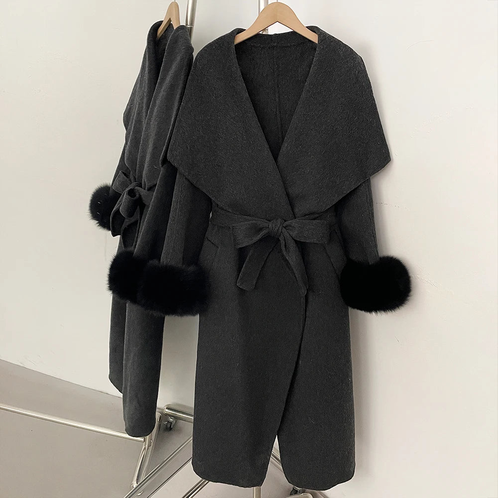 OFTBUY Belt Real Fox Fur Cuffs Elegant Warm Winter Outerwear lady New Women's Long Double-Faced Wool Coat Oversized Lapel Collar