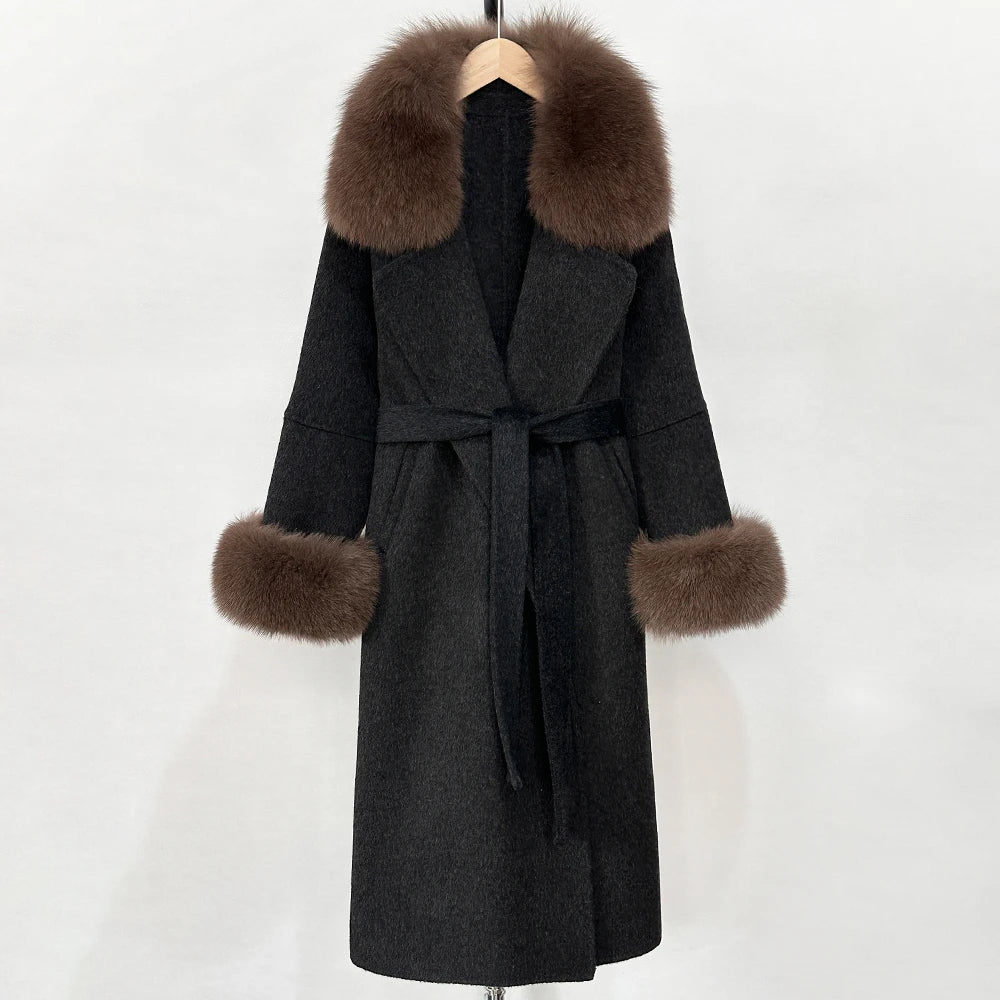 OFTBUY Fashion Warm Wool Coat with Real Fox Fur Collar New Autumn Winter Long Clothing Women Belt Elegant Woolen Jcacket Female