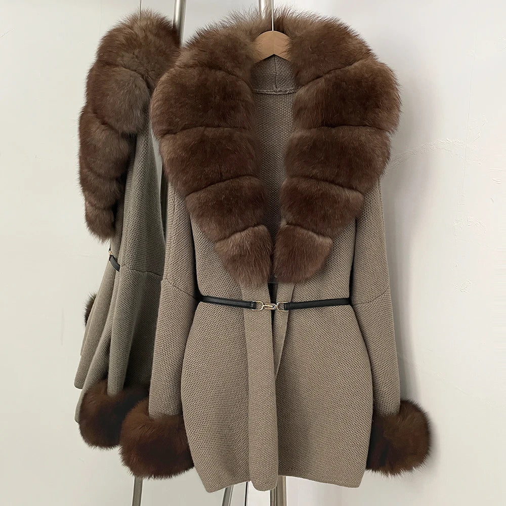 OFTBUY Belt Knit Warm Winter Luxury Casual Fashion Outerwear Sweater Female New Women's Knit Coat with Large Real Fox Fur Collar