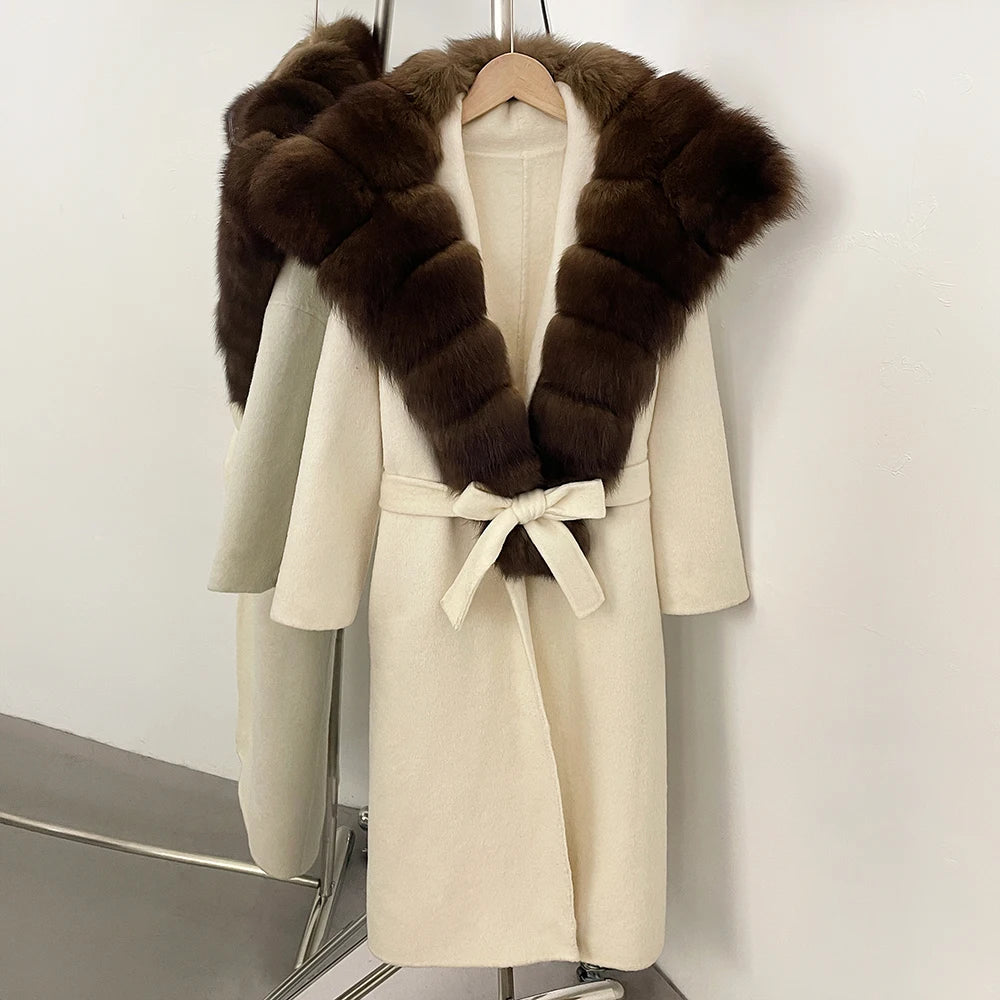 OFTBUY Long Belt Real Fur Wool Coat Female New Autumn Winter Warm Clothes Women Natural Fox Fur Collar Cashmere Woolen Jacket