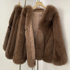 OFTBUY New Women's Real Fox Fur Coat V-Neck Textured Design Warm Winter Elegant Luxury Fashion Outerwear Natural Fur Jacket Lady