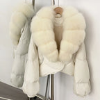 OFTBUY New Winter Real Fox Fur Short Puffer Jackets Women Natural Thick Warm 90% White Duck Down Cropped Loose Waterproof Coat