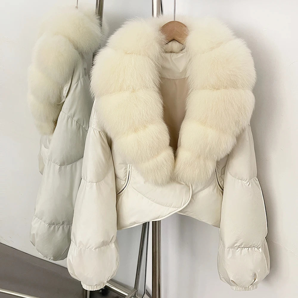 OFTBUY New Winter Real Fox Fur Short Puffer Jackets Women Natural Thick Warm 90% White Duck Down Cropped Loose Waterproof Coat