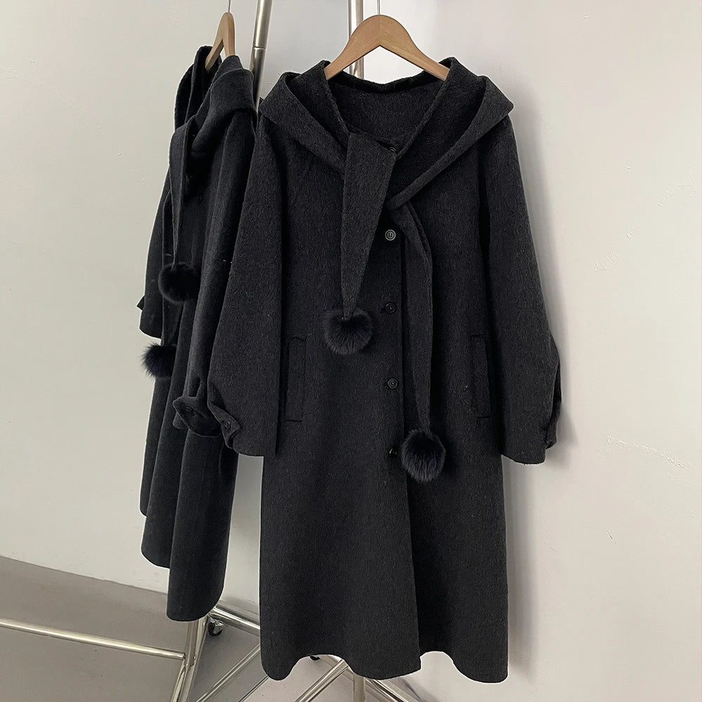 OFTBUY New Women's Hooded Wool Coat with Fur Pom Details Long Single Breasted Winter Warm Elegant Woolen Outerwear Female