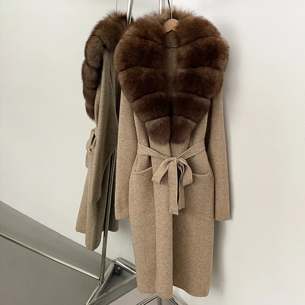 OFTBUY Women's Luxury Brown Knit Cardigan with Real Fox Fur Collar Belted Sweater Coat Female New Fashion Warm Winter Outerwear