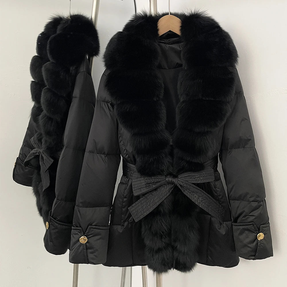 OFTBUY Luxury Women's Down Jacket women Warm Winter Parka Outerwear Duck Down Real Fox Fur Collar Belted Puffer Coat female