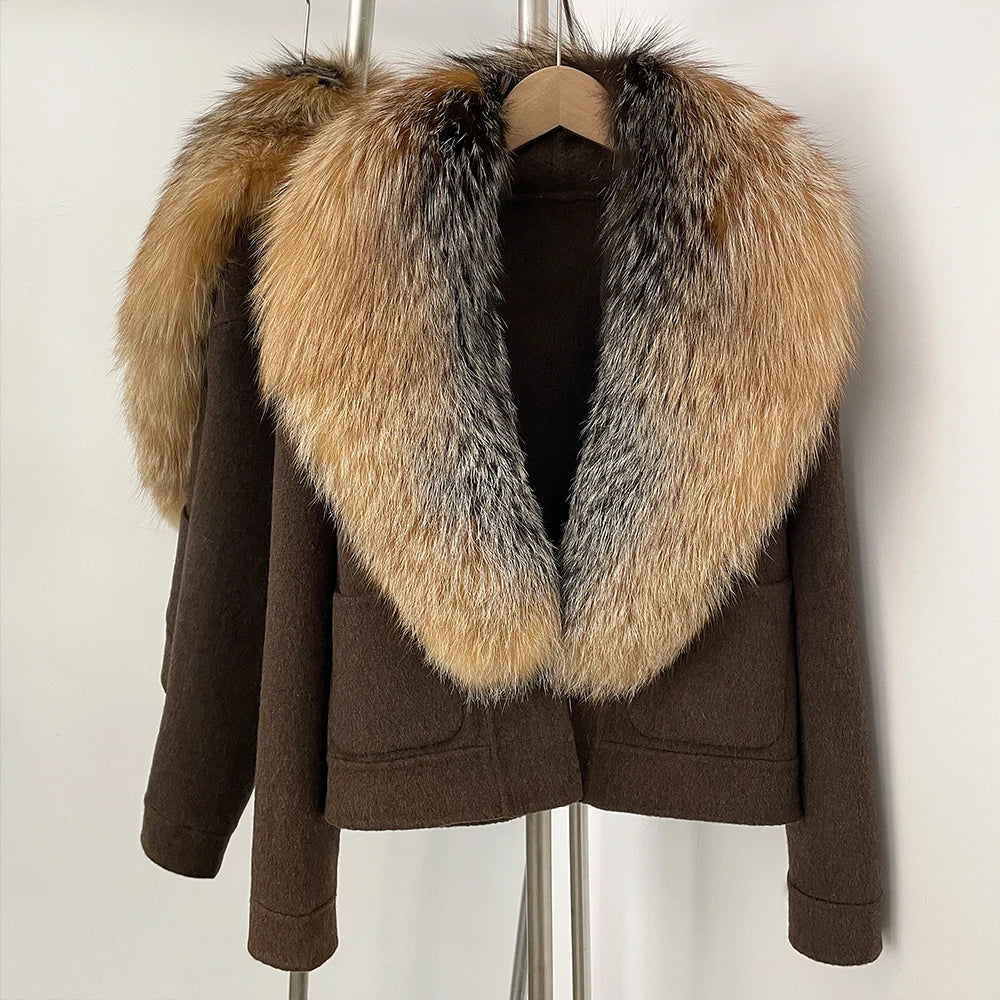 OFTBUY Fashion Short Warm Wool Coat with Real Fox Fur Collar New Autumn Winter Clothes Women Luxury Woolen Jacket Outerwear