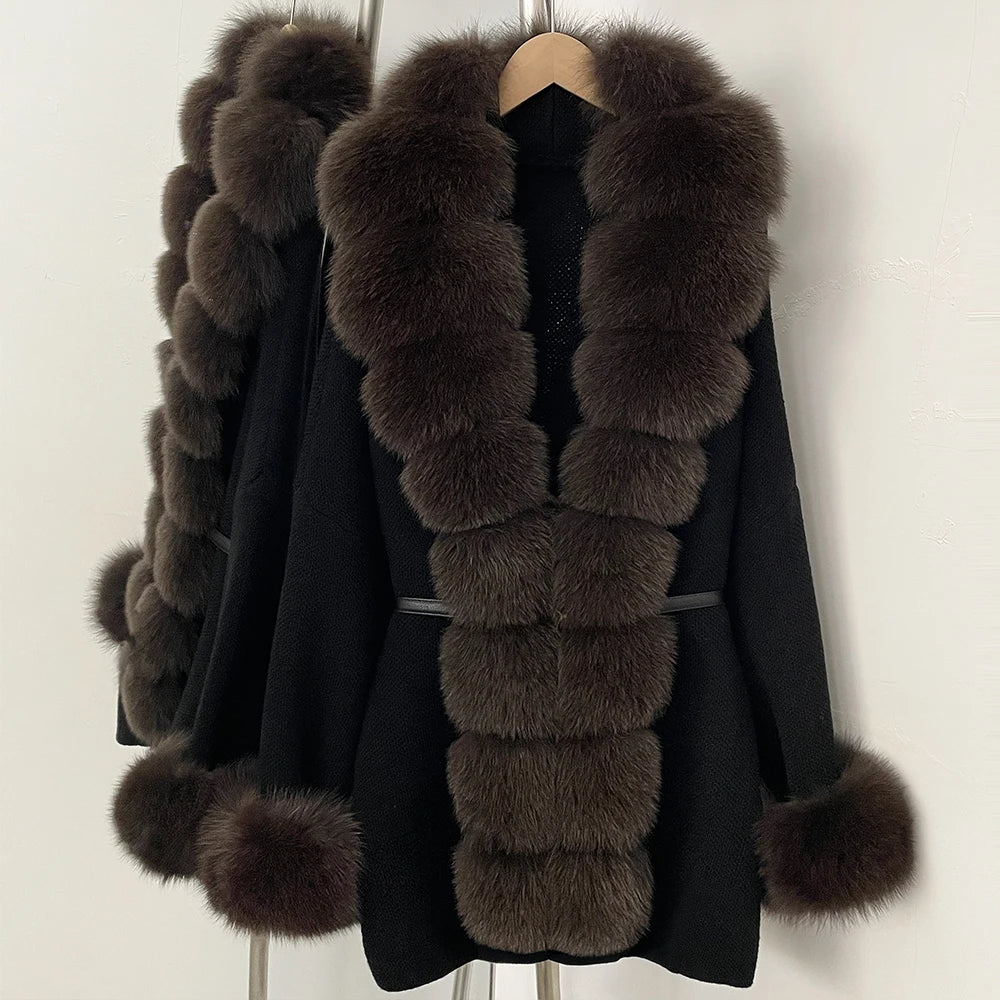 OFTBUY Belt Textured Knit Warm Winter Luxury Outerwear Female Sweater Cardigan New Women's Knit Coat with Large Real Fox Fur