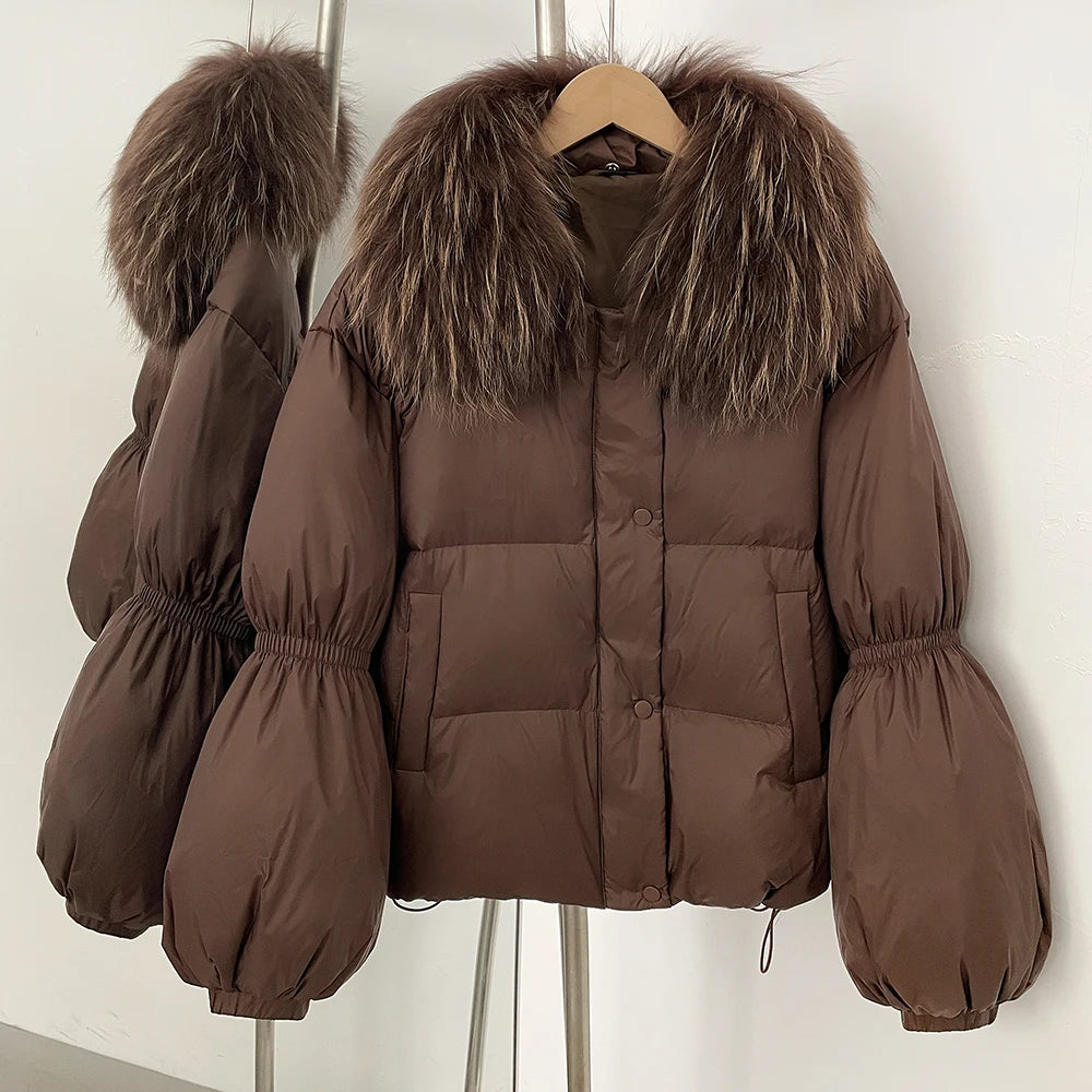 OFTBUY New Winter Loose Top Clothes Women Real Fox Fur Fluffy Puffer Jacket Female Lantern Sleeves Natural Fur Collar Down Coat