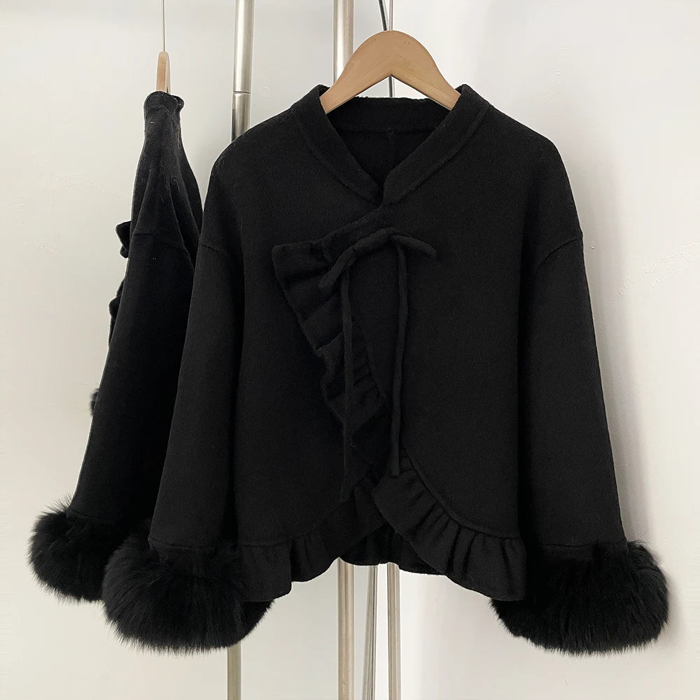 OFTBUY New Women's Wool Jacket with Real Fox Fur Cuffs Winter Elegant Fashion Clothing Outerwear Short Luxury Woolen Coat Female