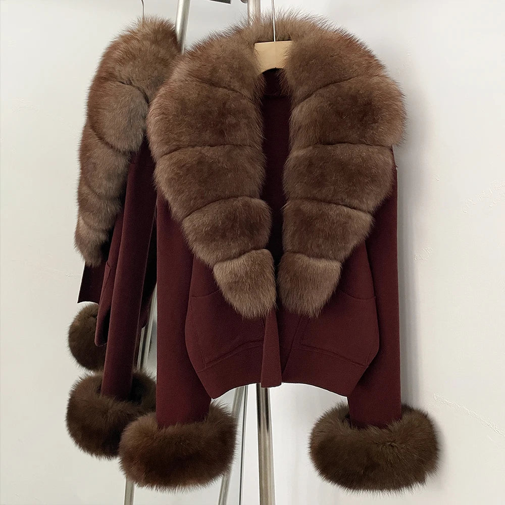 OFTBUY Loose Fit Warm Winter Fashion Lady Outerwear Sweater Female New Women's Knit Cardigan with Large Real Fox Fur Collar