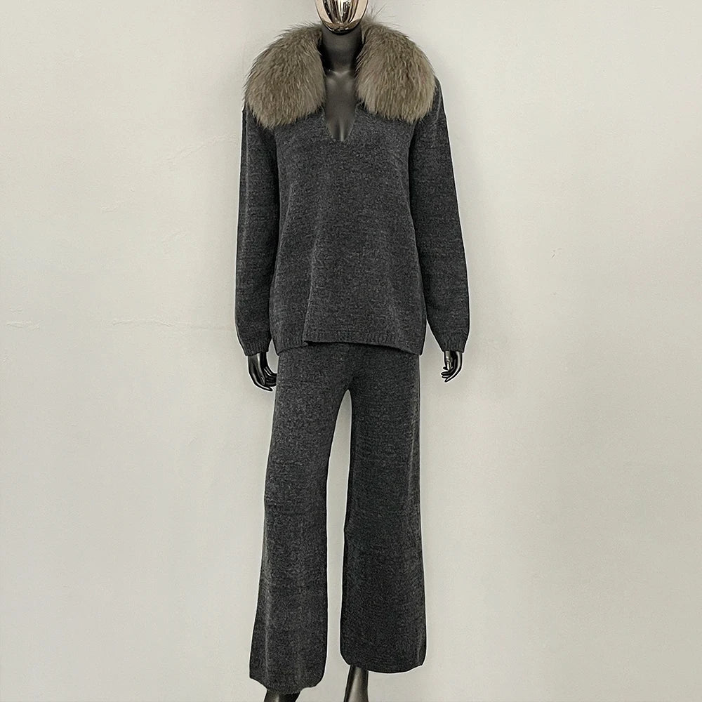 OFTBUY New Women's Knit Two Piece Set with Real Fox Fur Collar Loose Pants Warm Winter Elegant Casual Outfit Sweater Female
