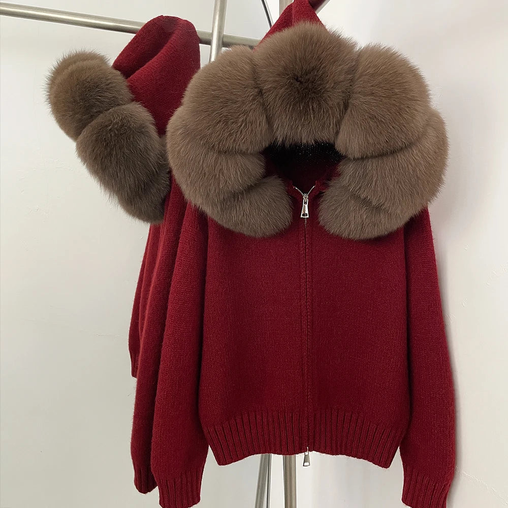 OFTBUY Luxury Knitted Zip-Up Hoodie with Oversized Real Fox Fur Hood - Premium Apres-Ski Luxe Loungewear