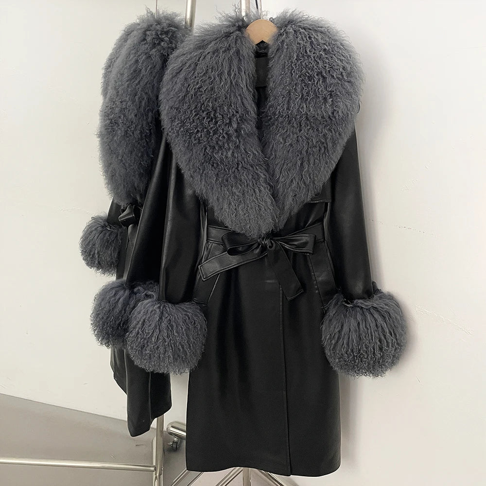 OFTBUY New Autumn Winter Clothes Women Luxury Real Mongolia Sheep Fur Jacket Femlae Long Vintage Faux Leather Streetwear Coat