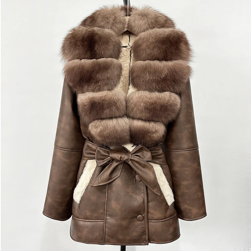 OFTBUY Large Natural Fox Fur Coat New Women Thick Warm Retro Faux Lamb Fur Jacket Belt Winter Female Parkas Outwear