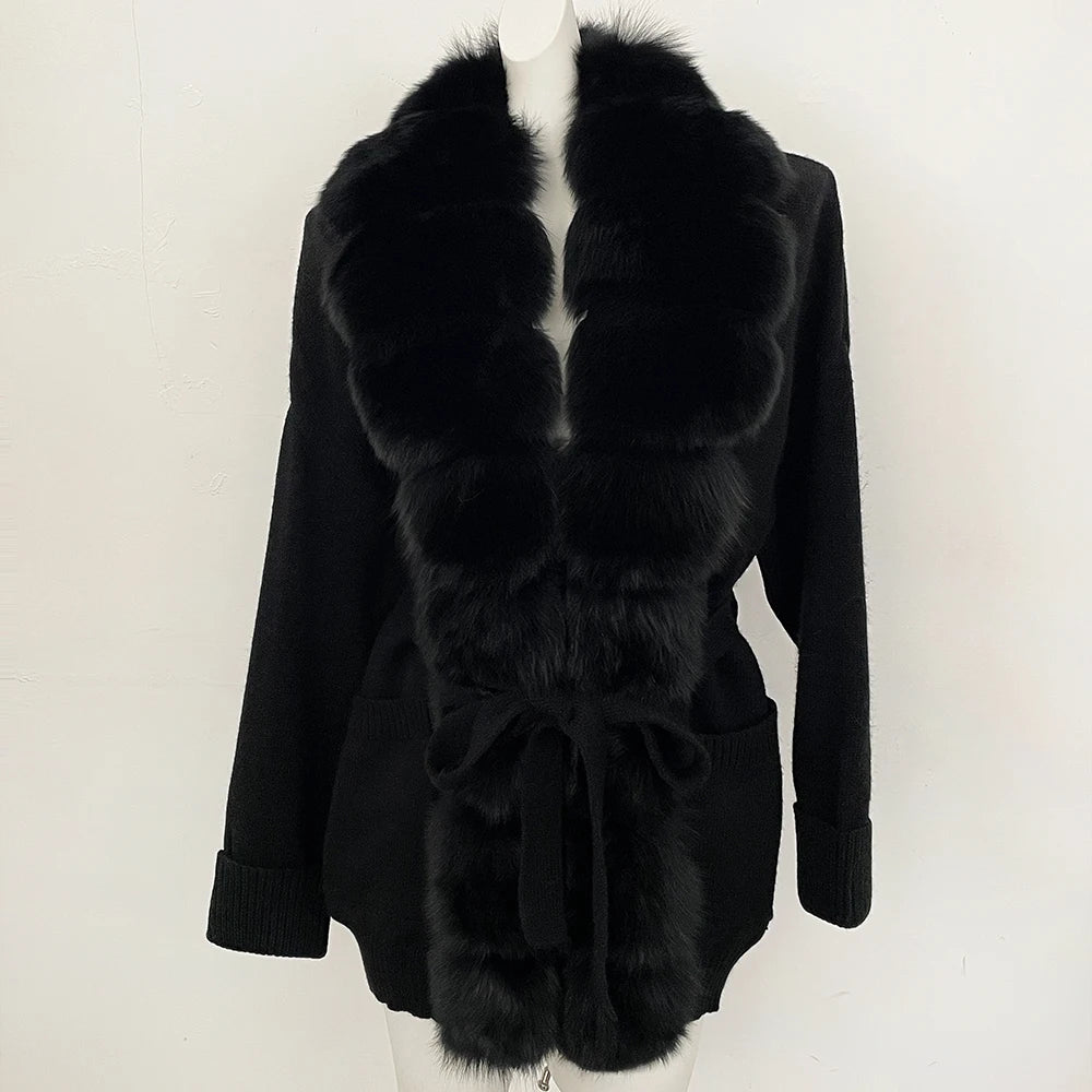 OFTBUY Trim Belted Waist Warm Winter Luxury Fashion Outerwear Sweater Female New Women's Knit Cardigan with Large Real Fox Fur