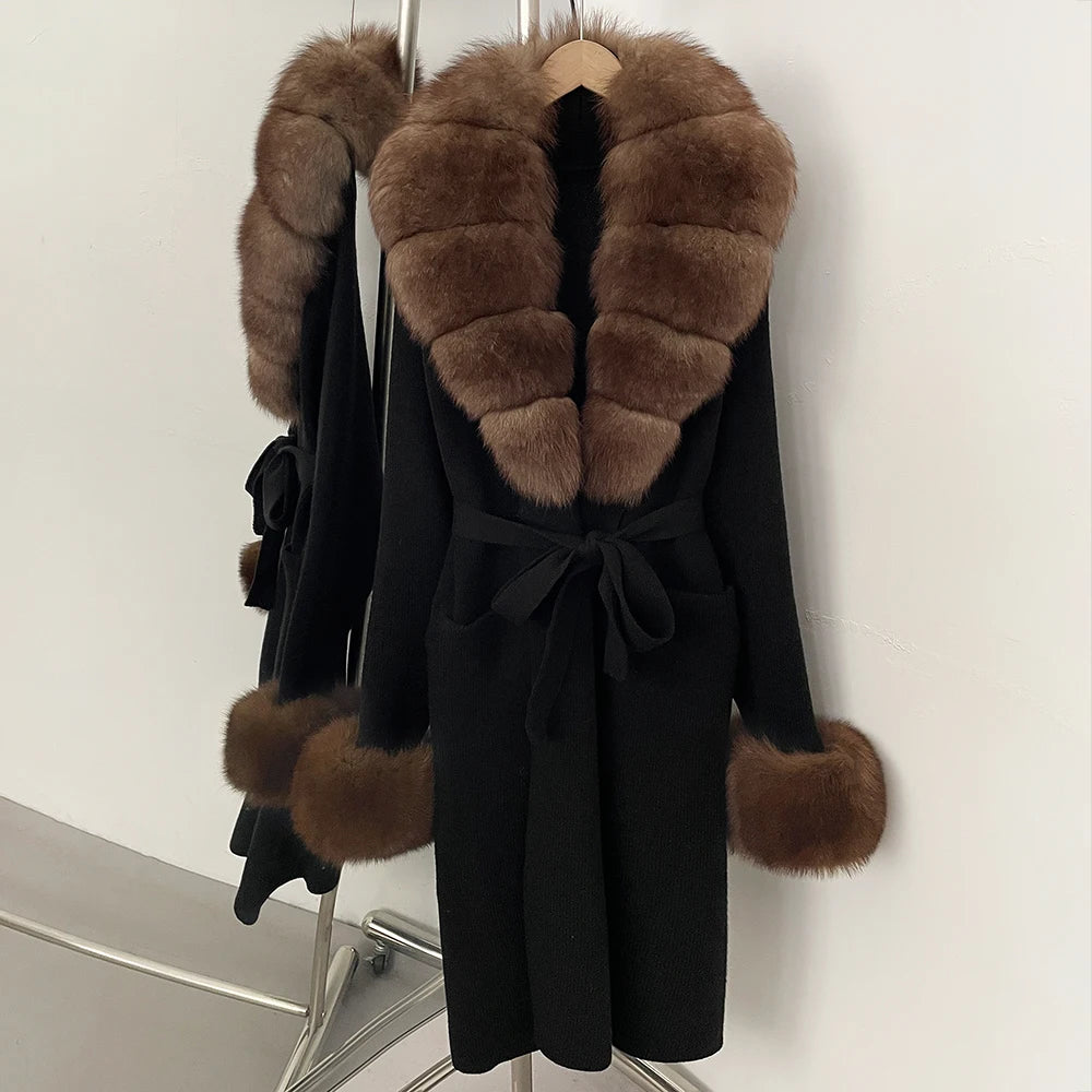 OFTBUY New Cardigan Autumn Winter Long Knit Clothing Women Loose Warm Belt Sweater Jacket with Real Fox Fur Collar and Cuffs
