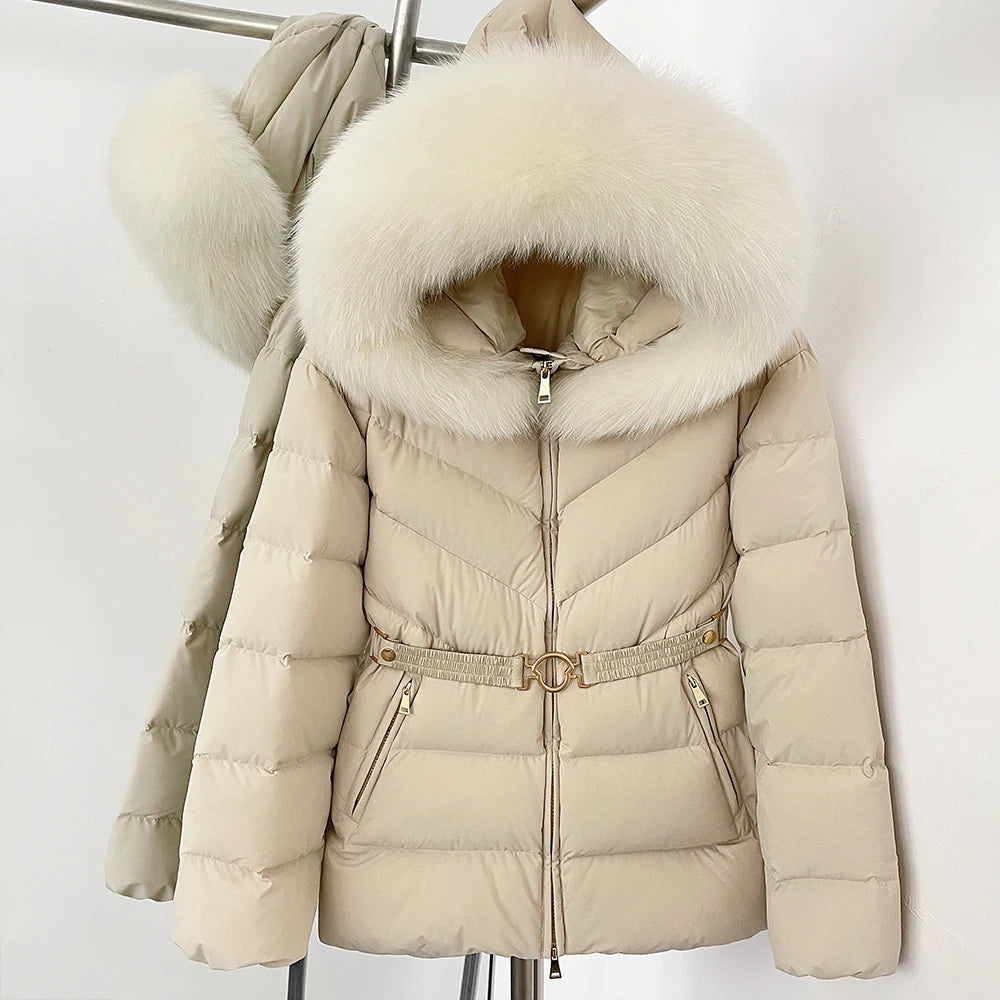 OFTBUY Belt Slim Hooded Real Fox Fur Collar Jacket Female New Winter Top Clothing Women Thickened Warm Raccoon Fur Fluffy Coat