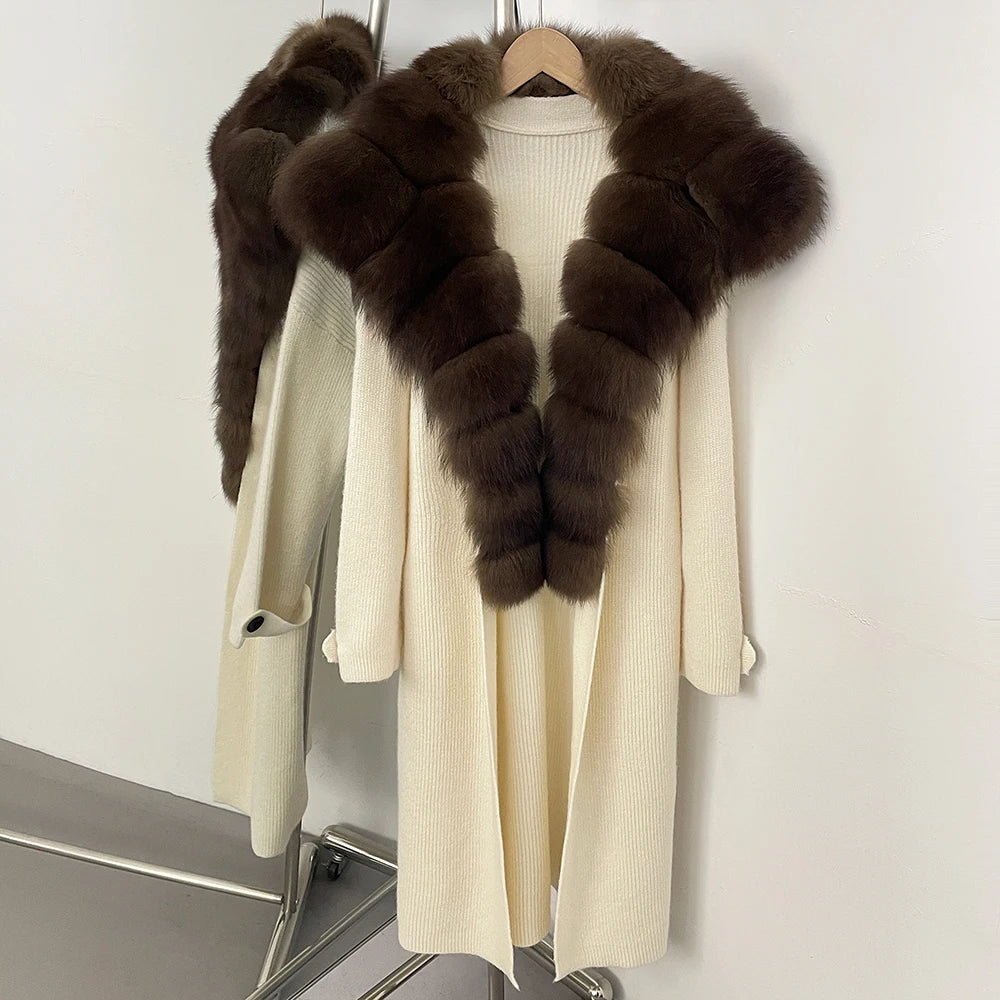 OFTBUY New Autumn Winter Knit Clothing Female Long Big Real Fox Fur Collar Sweater Women Warm Fashion Elegant Cardigan Coat