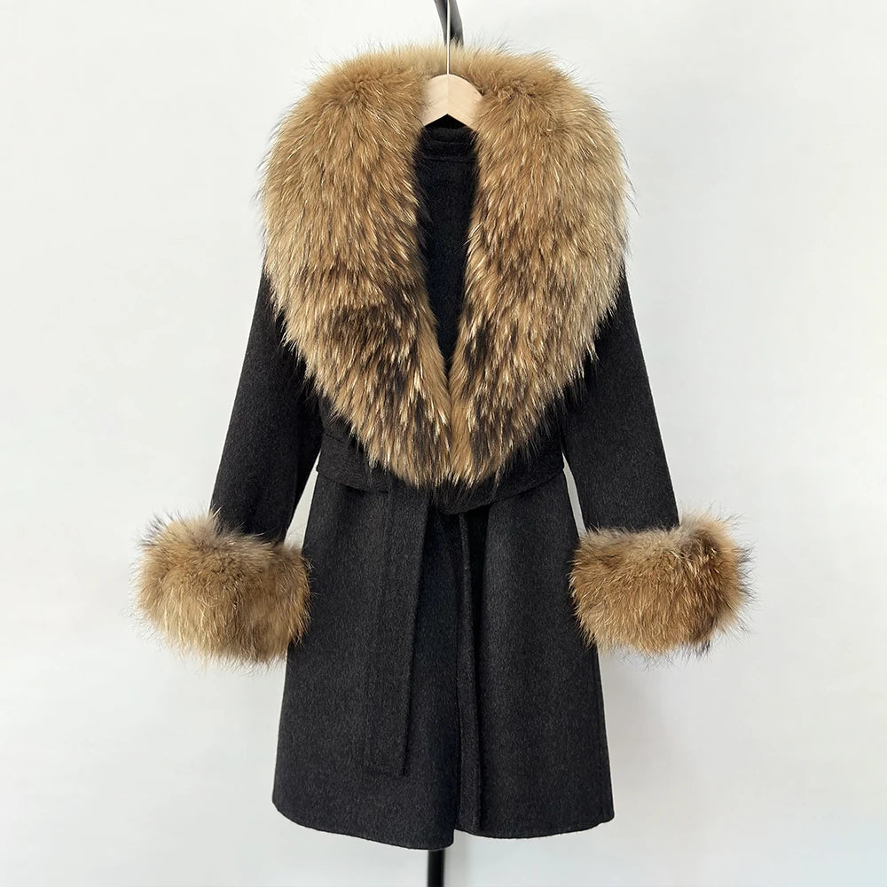 OFTBUY New Autumn Winter Top Clothes Women Belt Natural Fur Wool Coat Female Fashion Warm Woolen Jacket with Real Fox Fur Collar