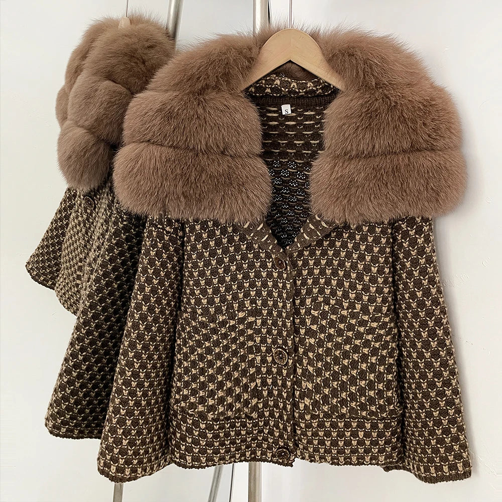 OFTBUY Women's Real Fox Raccoon Fur Collar Houndstooth Knit Cardigan Warm Winter Sweater Coat Female Luxury Elegant Outerwear