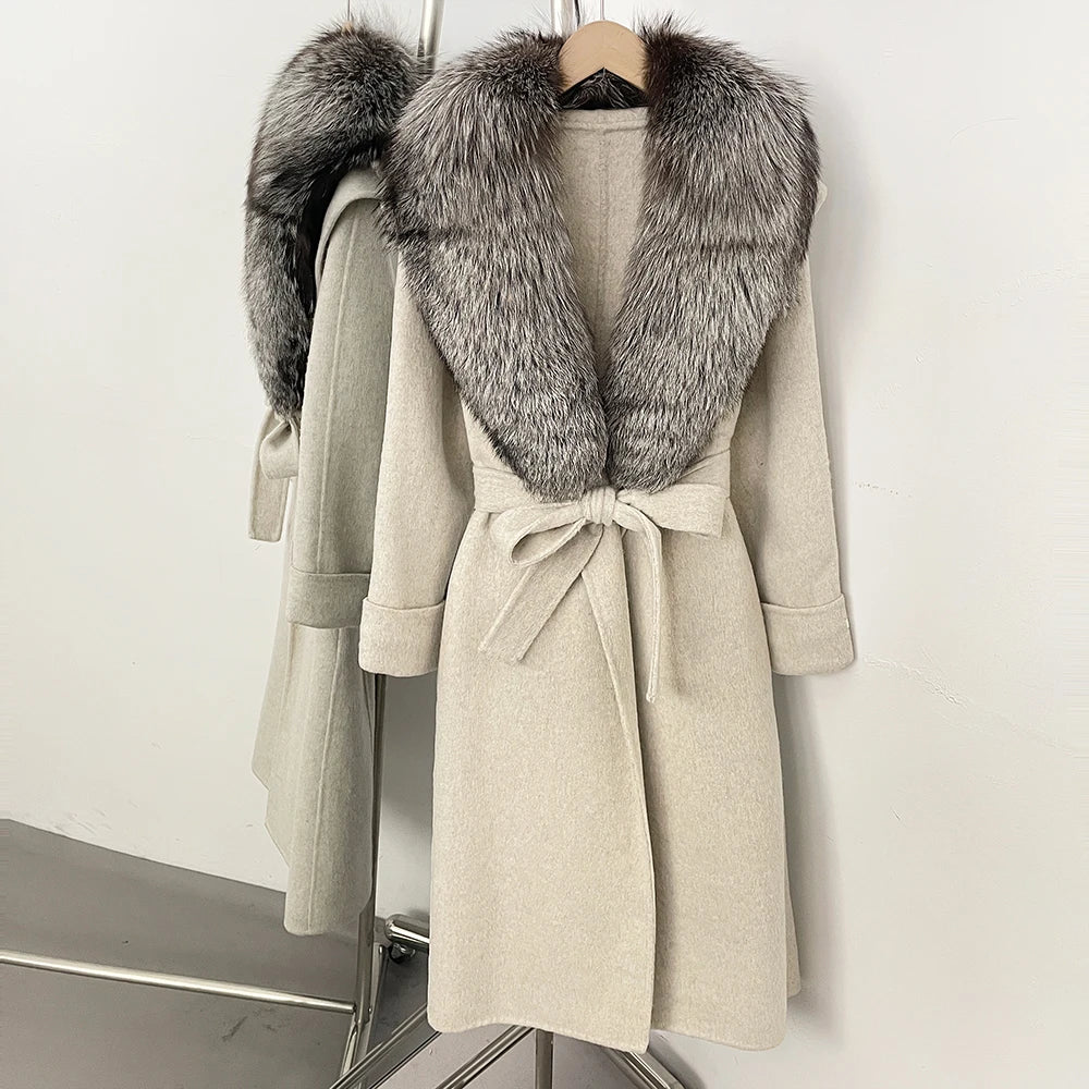 OFTBUY Belted Elegant Warm Outerwear Coat Female Women's Luxury Double-Faced Wool Jacket Winter Oversized Real Fox Fur Collar